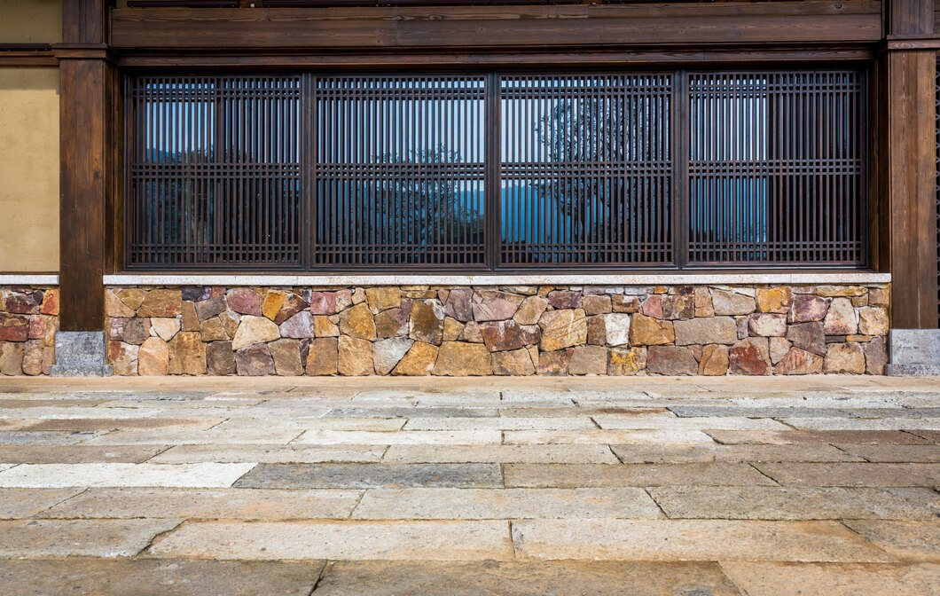 Outdoor living space enhanced by patterned floor tiles