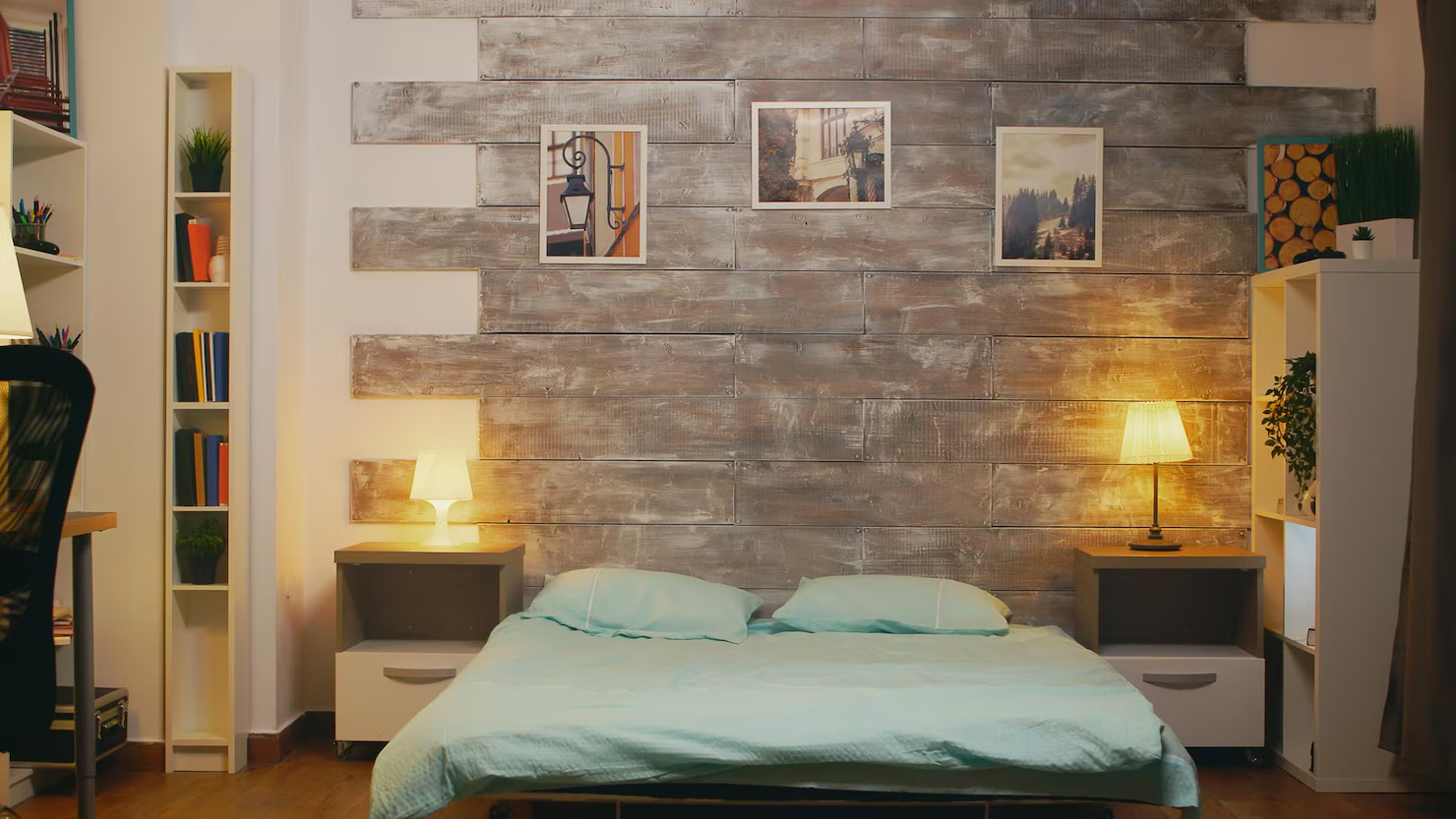 Elegant bedroom showcasing creative lighting doubling as wall art
