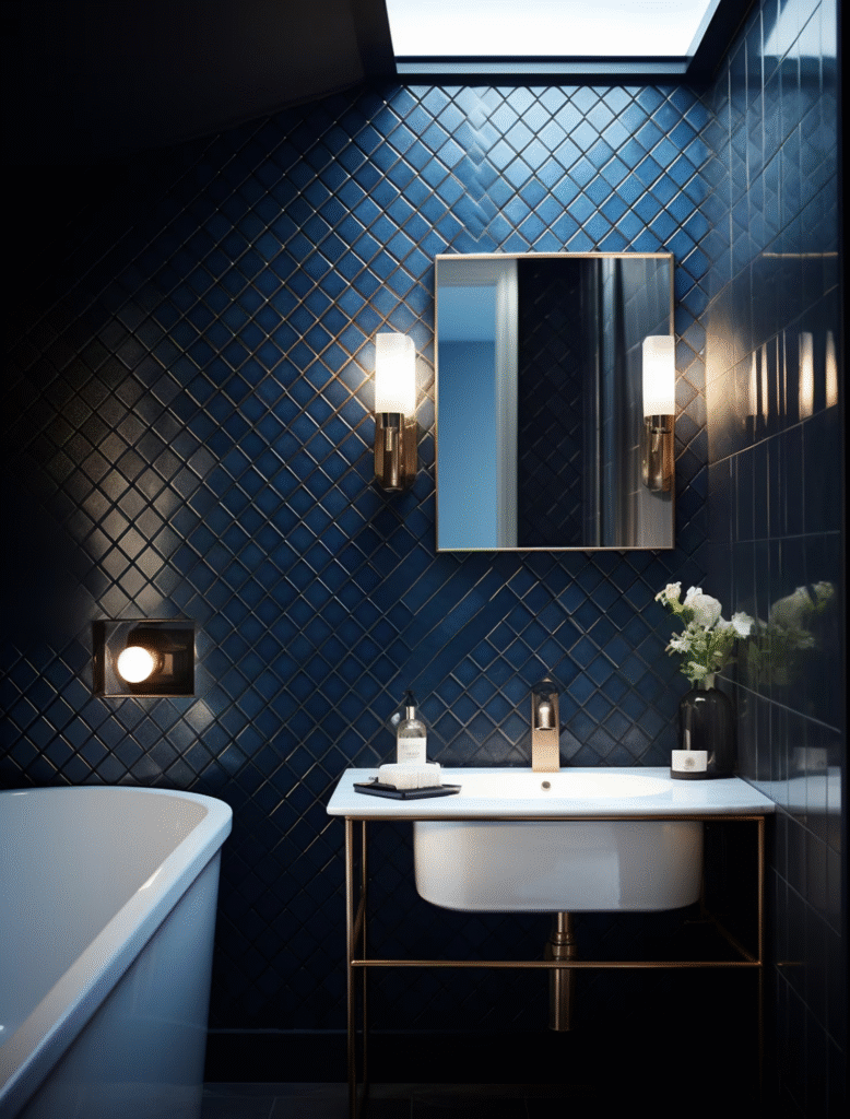 Modern bathroom with stylish lighting and trending tile colors