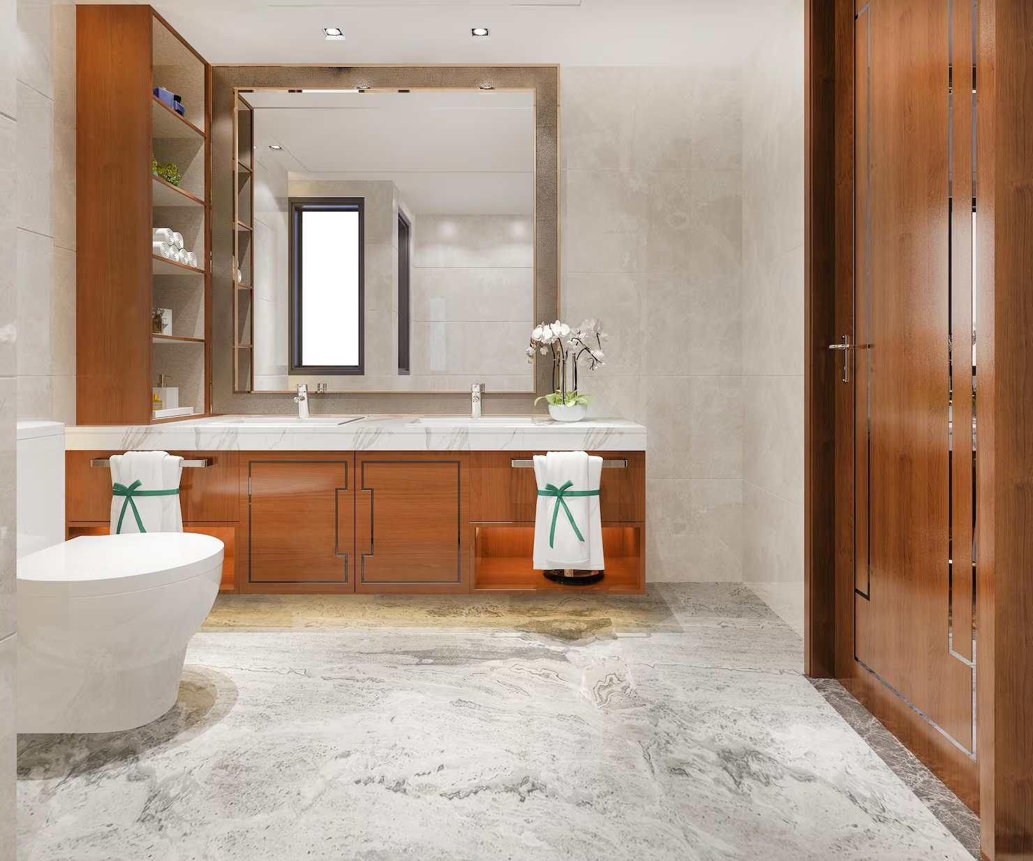 Bathroom interior featuring the latest 2025 floor tile trends
