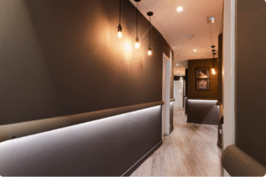 Compact room with flush LED ceiling light