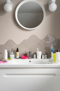 Modern bathroom with a stylish corner vanity unit