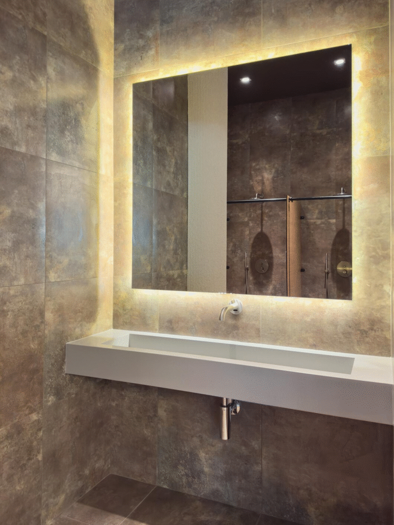 Bathroom with large mirror creating the illusion of more space