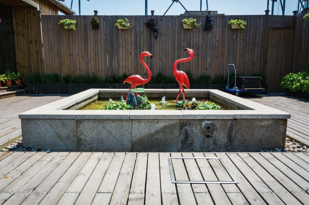 Elegant outdoor terrace showcasing patterned floor tiles