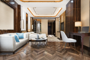 Living room featuring creative false ceiling pattern