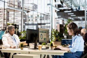 Modern office with integrated technology and smart devices