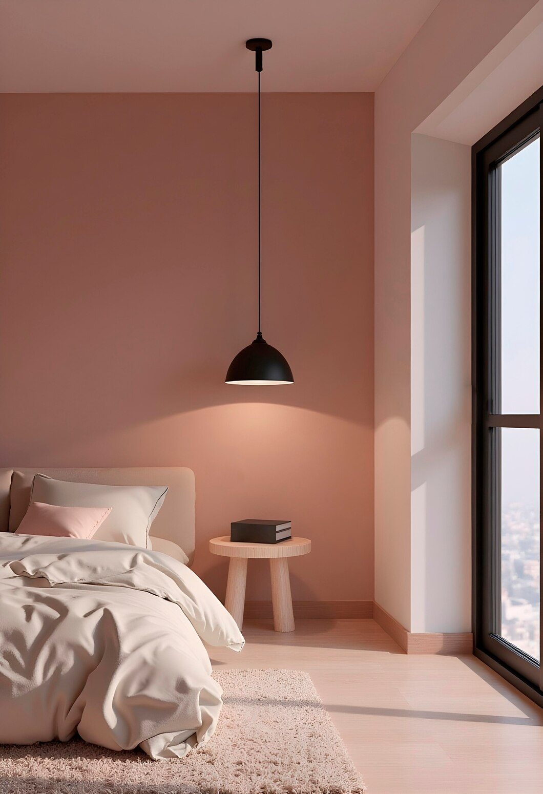 Minimalist bedroom featuring sleek lighting and simple decor
