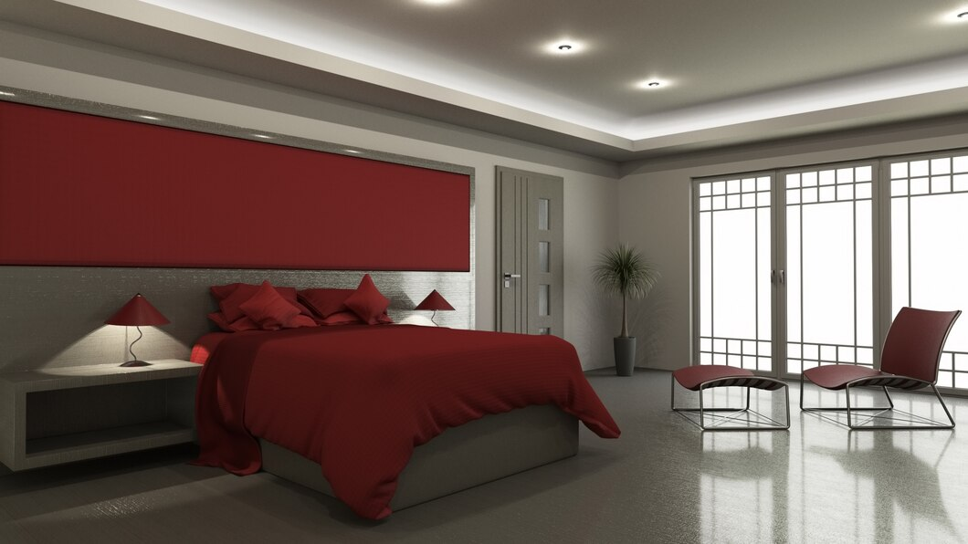Spacious master bedroom with serene and luxurious decor
