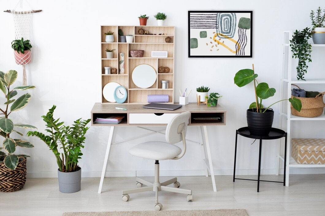 Home office interior with ergonomic furniture and decor