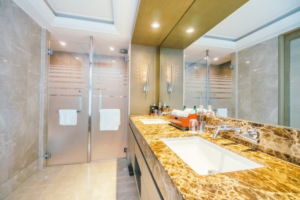 Modern bathroom vanity with LED backlit mirror
