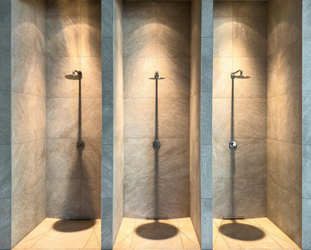 Modern glass shower enclosure in a small bathroom