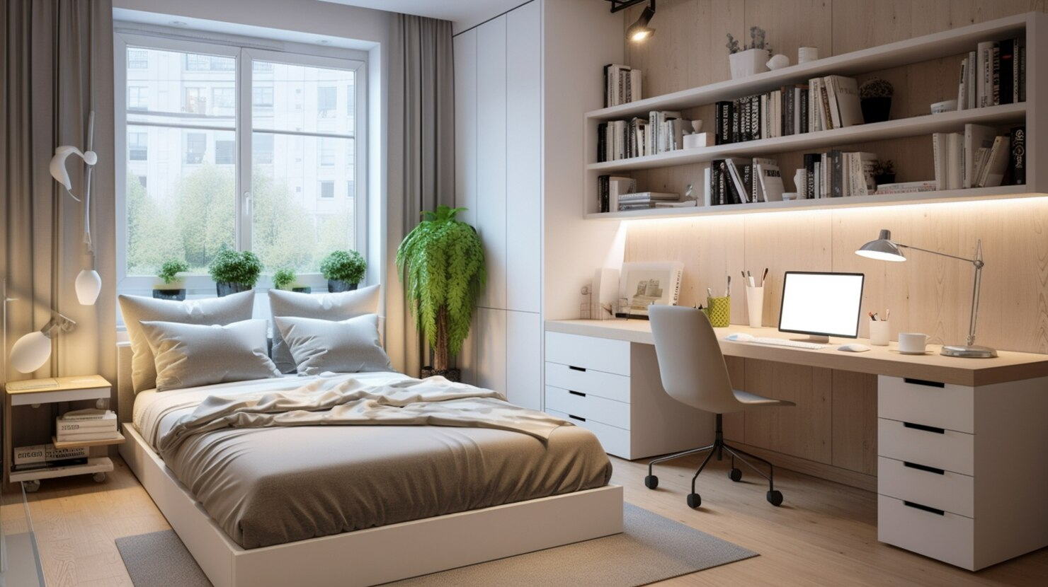Minimalist bedroom with desk